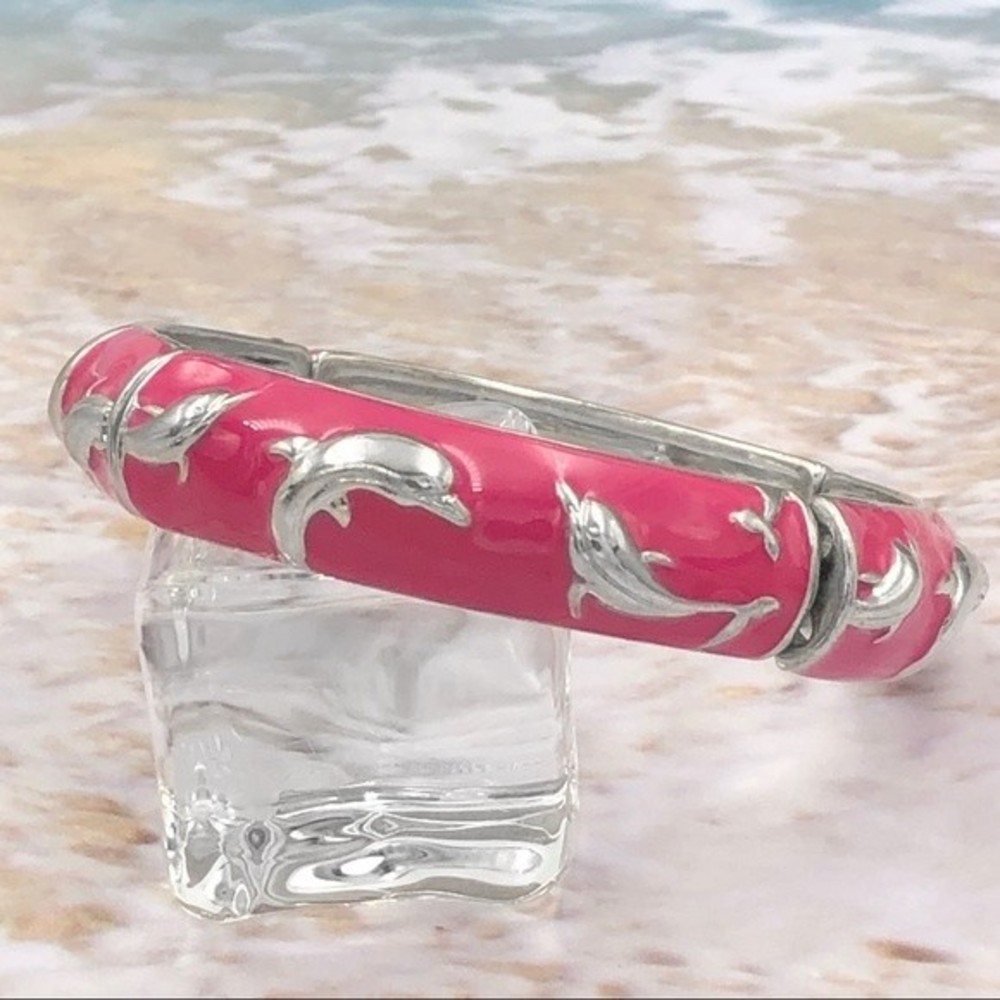 🌼 Dolphin Pink Enamel Silver Stretch Bracelet